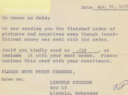 1968-04-22 Lincoln_Studios_3_cent_bill